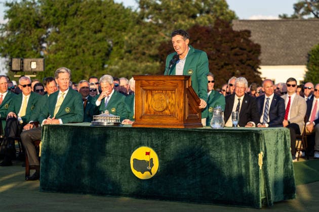 260412 Rory McIlroy of Northern Ireland during the Green Jacket Ceremony after winning the final round of the 2026 Masters Golf Tournament on April 12, 2026 in Augusta. Photo: Petter Arvidson BILDBYRAN kod PA PA1196 golf masters bbeng the masters augusta jubel Copyright: PETTERxARVIDSON BB260412PA300