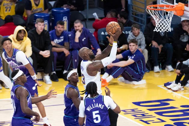 April 12, 2026, Los Angeles, California, USA: Los Angeles LakersÃ¢â‚¬â ¢ LeBron James (23) goes past the Utah Jazz to the basket during an NBA, Basketball Herren, USA basketball game at Crypto.com Arena on Sunday, April 12, 2026 in Los Angeles. NBA 2026: Jazz Vs Lakers  - ZUMAc68_ 20260412_zaf_c68_001 Copyright: xRingoxChiux