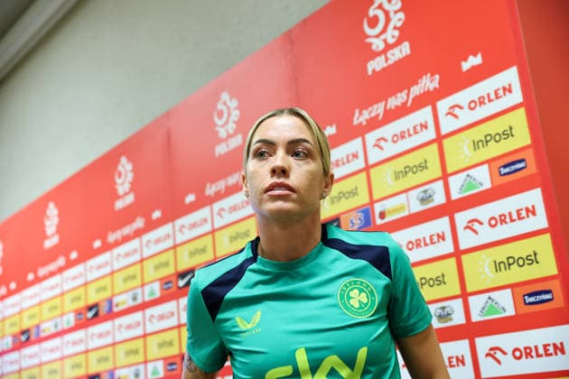 Republic of Ireland WNT press conference, PK, Pressekonferenz Polsat Plus Arena, Gdansk, Poland 13 4 2026 Denise O™Sullivan arrives Denise O™Sullivan arrives 13 4 2026  Copyright: x INPHO RyanxByrnex RB2_5220