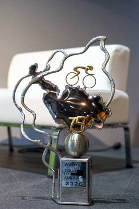 CYCLING - Tour of Austria GRAZ,AUSTRIA,13.APR.26 - CYCLING - Tour of Austria, presentation. Image shows a feature with the trophy.  GEPAxpictures xMarioxBuehner-Weinrauch