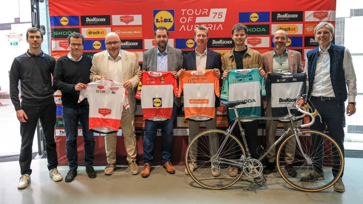 CYCLING - Tour of Austria GRAZ,AUSTRIA,13.APR.26 - CYCLING - Tour of Austria, presentation. Image shows Simon Schoepf (MAS Sportswear), Thomas Schwingshandl (Schwingshandl), Georg Skerlec (Mautner Markhof), Robert Kis (Lidl), Matthias Pelischek (Gebrueder Weiss), Wiktor Malicki (Evil eye), Mario Skof (Harrys home) and Daniel Repitz (Tour of Austria GmbH).  GEPAxpictures xMarioxBuehner-Weinrauch