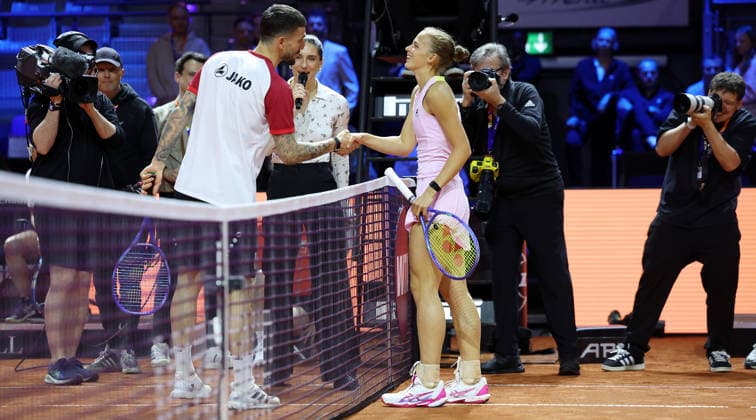 13.04.2026, Deutschland, Stuttgart, Tennis Porsche Tennis Grand Prix, Porsche One Point Challenge, v.l. Fabian Bredlow, Eva Bennemann (GER)