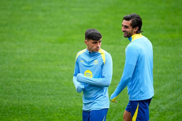 April 13, 2026, Madrid, Madrid, Spain: Pedri Gonzalez and Ferran Torres during the training day of FC Barcelona, Barca ahead the UEFA Champions League 2025 26 Quarter-Final Second Leg match against Atletico de Madrid at Riyadh Air Metropolitano on April 13, 2026, in Madrid, Spain. Madrid Spain - ZUMAa181 20260413_zaa_a181_323 Copyright: xOscarxJ.xBarrosox