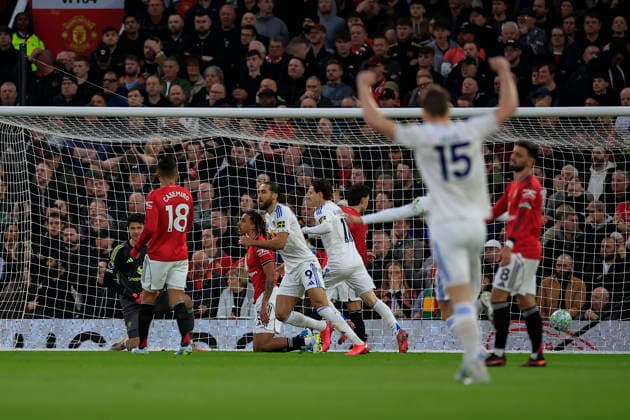 Manchester United, ManU v Leeds United, Premier League Noah Okafor (19) of Leeds United (out of picture) scores to make it 0-1 during the Premier League match between Manchester United and Leeds United at Old Trafford, Manchester, UK on 13 April 2026. Manchester Old Trafford Greater Manchester UK Editorial use only DataCo restrictions apply See www.football-dataco.com , Copyright: xConorxMolloyx PSI-24063-0043