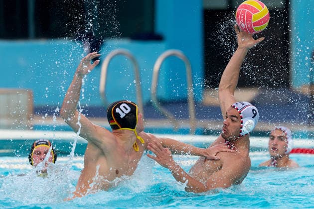 Alexandre Bouet (right) of France is in action against Elias Metten of Germany during the World Aquatics Men™s World Cup Division II Water polo, Wasserball finals match between France and Germany at the National Pool, Tal-Qroqq, Malta on 13 April, 2026. Water Polo - France v Germany WAMWCII_2026