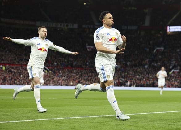 Manchester Utd v Leeds, FA Premier League 13.04.26 Manchester Utd v Leeds, FA Premier League Bradley Ormesher The Times Noah Okafor of Leeds United scores and celebrates scoring his teams opening goal of the match 0-1  Copyright: xBradleyxOrmesherx NINTCHDBPICT001073338181