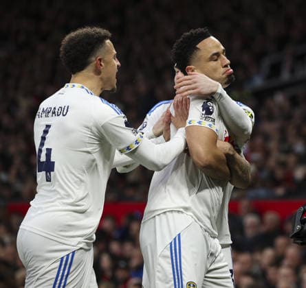Manchester Utd v Leeds, FA Premier League 13.04.26 Manchester Utd v Leeds, FA Premier League Bradley Ormesher The Times Noah Okafor of Leeds United scores and celebrates scoring his teams opening goal of the match 0-1  Copyright: xBradleyxOrmesherx NINTCHDBPICT001073338187