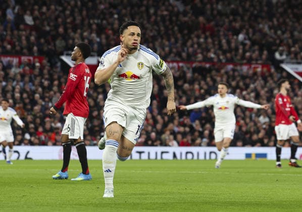 Manchester Utd v Leeds, FA Premier League 13.04.26 Manchester Utd v Leeds, FA Premier League Bradley Ormesher The Times Noah Okafor of Leeds United scores and celebrates scoring his teams opening goal of the match 0-1  Copyright: xBradleyxOrmesherx NINTCHDBPICT001073338401