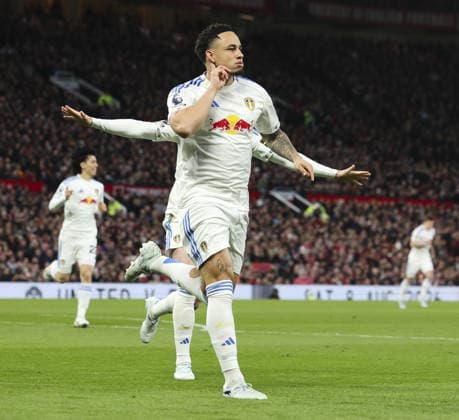 Manchester Utd v Leeds, FA Premier League 13.04.26 Manchester Utd v Leeds, FA Premier League Bradley Ormesher The Times Noah Okafor of Leeds United scores and celebrates scoring his teams opening goal of the match 0-1  Copyright: xBradleyxOrmesherx NINTCHDBPICT001073338466