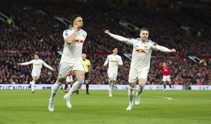 Manchester Utd v Leeds, FA Premier League 13.04.26 Manchester Utd v Leeds, FA Premier League Bradley Ormesher The Times Noah Okafor of Leeds United scores and celebrates scoring his teams opening goal of the match 0-1  Copyright: xBradleyxOrmesherx NINTCHDBPICT001073338478