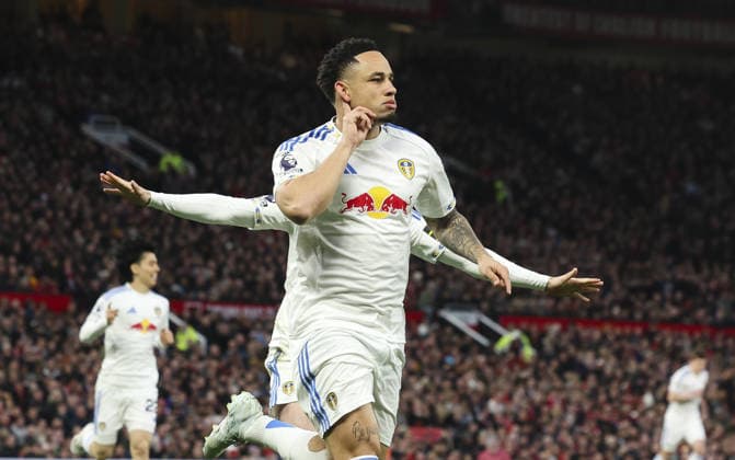 Manchester Utd v Leeds, FA Premier League 13.04.26 Manchester Utd v Leeds, FA Premier League Bradley Ormesher The Times Noah Okafor of Leeds United scores and celebrates scoring his teams opening goal of the match 0-1  Copyright: xBradleyxOrmesherx NINTCHDBPICT001073338494