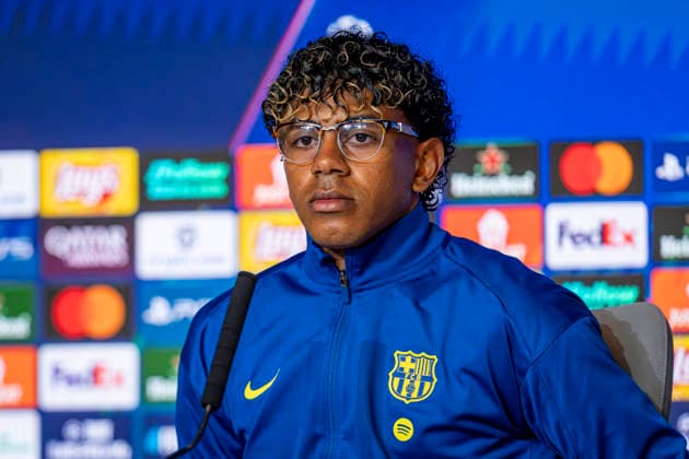 FC Barcelona, Barca Training Session And press conference, PK, Pressekonferenz - UEFA Champions League 2025 26 Quarter-Final Second Leg MADRID, SPAIN - APRIL 13: Lamine Yamal of FC Barcelona is seen during the Press Conference ahead of the UEFA Champions League 2025 26 Quarter-Final Second Leg match against Atletico de Madrid at Estadio Riyadh Air Metropolitano on April 13, 2026 in Madrid, Spain. Madrid Estadio Riyadh Air Metropolitano Madrid Spain Copyright: xAlbertoxGardinx AGardin_20260413_Foot_Champ_Bar_Press_0637