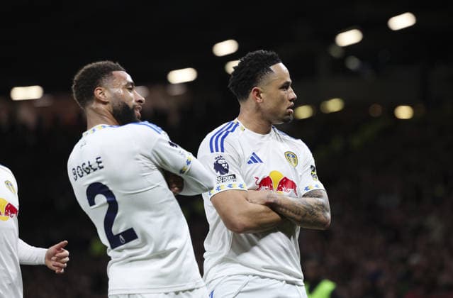 Manchester Utd v Leeds, FA Premier League 13.04.26 Manchester Utd v Leeds, FA Premier League Bradley Ormesher The Times Noah Okafor of Leeds United scores and celebrates scoring his teams 2nd goal  Copyright: xBradleyxOrmesherx NINTCHDBPICT001073341190