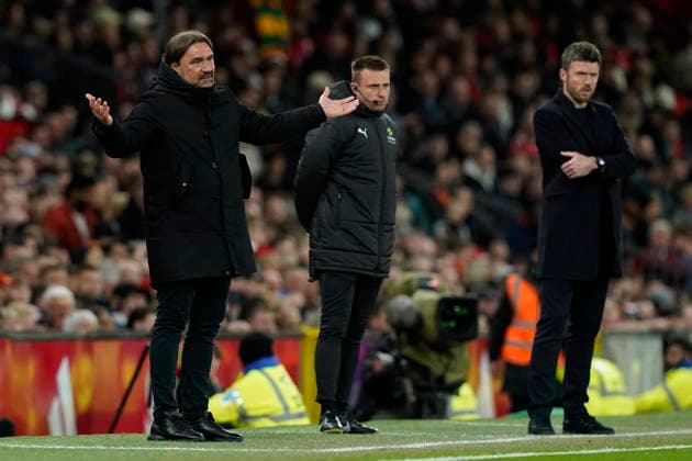 Manchester, England, 13th April 2026. Daniel Farke manager of Leeds United reacts during the Manchester United, ManU vs Leeds United Premier League match at Old Trafford, Manchester. Picture credit should read: Andrew Yates Sportimage EDITORIAL USE ONLY. No use with unauthorised audio, video, data, fixture lists, club league logos or live services. Online in-match use limited to 120 images, no video emulation. No use in betting, games or single club league player publications. SPI_046_AY_Man_Utd_Leeds SPI-4684-0046