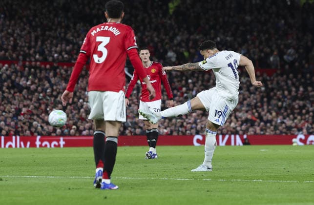 Manchester Utd v Leeds, FA Premier League 13.04.26 Manchester Utd v Leeds, FA Premier League Bradley Ormesher The Times Noah Okafor of Leeds United scores and celebrates scoring his teams 2nd goal  Copyright: xBradleyxOrmesherx NINTCHDBPICT001073341501