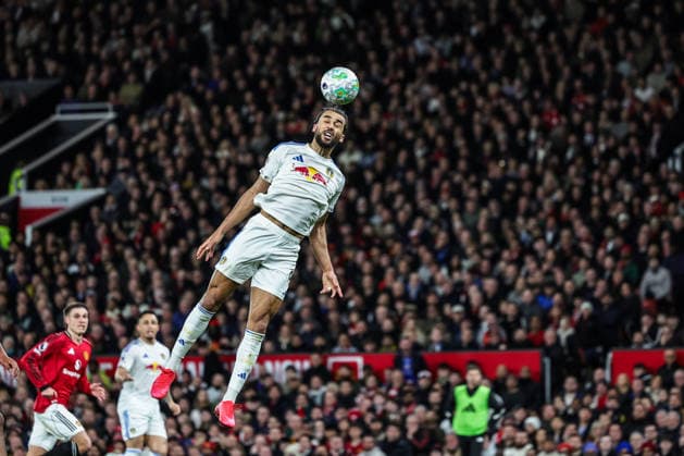 Premier League: Manchester United, ManU v Leeds United Dominic Calvert-Lewin of Leeds United heads on goal during the Premier League match Manchester United vs Leeds United at Old Trafford, Manchester, United Kingdom on 13 April 2026 (Photo by Mark Cosgrove News Images) Manchester Old Trafford Greater Manchester United Kingdom Copyright: xMarkxCosgrove NewsxImagesx