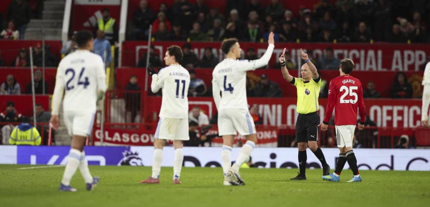 Manchester Utd v Leeds, FA Premier League 13.04.26 Manchester Utd v Leeds, FA Premier League Bradley Ormesher The Times Lisandro Martinez of Manchester United, ManU sent off in 2nd half by VAR  Copyright: xBradleyxOrmesherx NINTCHDBPICT001073345475