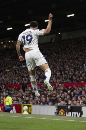 MANCHESTER, ENGLAND- APRIL 13: Noah Okafor of Leeds United celebrates after scoring the team s second goal during a Premier League 2025 26 match between Manchester United, ManU and Leeds United at Old Trafford in Manchester on April 13, 2026 (Photo by Will Palmer Sports Press Photo) Copyright: xWillxPalmer SportsxPressxPhotox Sportspressphoto_SPR129133