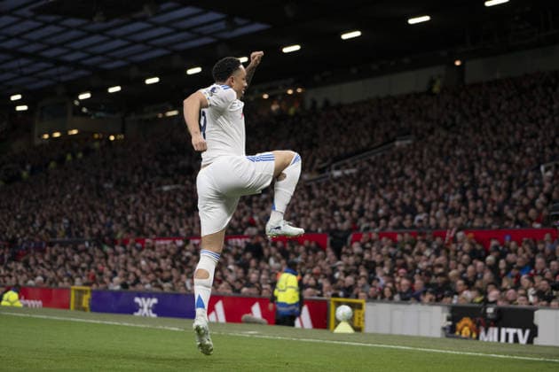 MANCHESTER, ENGLAND- APRIL 13: Noah Okafor of Leeds United celebrates after scoring the team s second goal during a Premier League 2025 26 match between Manchester United, ManU and Leeds United at Old Trafford in Manchester on April 13, 2026 (Photo by Will Palmer Sports Press Photo) Copyright: xWillxPalmer SportsxPressxPhotox Sportspressphoto_SPR129134