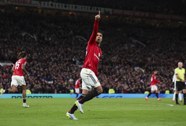 Manchester Utd v Leeds, FA Premier League 13.04.26 Manchester Utd v Leeds, FA Premier League Bradley Ormesher The Times Casemiro of Manchester United, ManU scores and celebrates scoring his teams 1st goal 1-2  Copyright: xBradleyxOrmesherx NINTCHDBPICT001073346310