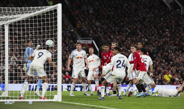 Manchester Utd v Leeds, FA Premier League 13.04.26 Manchester Utd v Leeds, FA Premier League Bradley Ormesher The Times Dominic Calvert-Lewin of Leeds United clears Man Utd chance of the Line  Copyright: xBradleyxOrmesherx NINTCHDBPICT001073348219