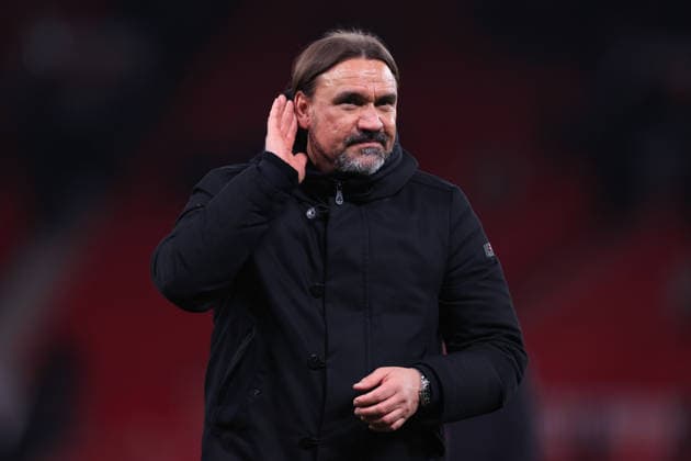 Football - Premier League - Manchester United, ManU v Leeds United 13th April 2026 - Premier League - Manchester United v Leeds United - Leeds United manager Daniel Farke cups his ear to the fans as he celebrates after the match - Photo: Simon Stacpoole Offside. Manchester UK Copyright: xSimonxStacpoolexOffside