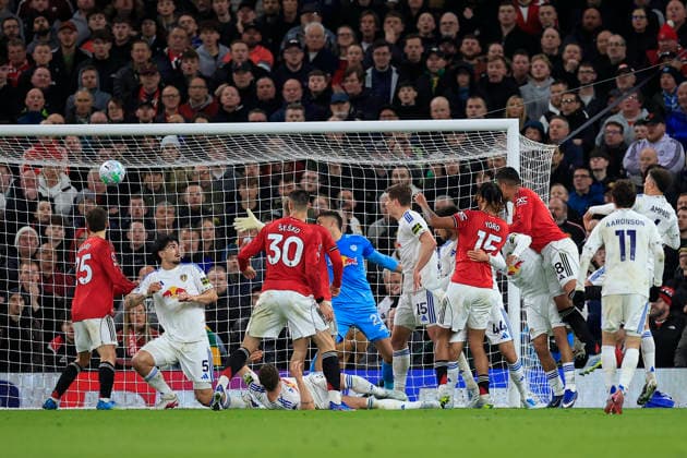 Manchester United, ManU v Leeds United, Premier League Casemiro (18) of Manchester United gets a header on goal during the Premier League match between Manchester United and Leeds United at Old Trafford, Manchester, UK on 13 April 2026. Manchester Old Trafford Greater Manchester UK Editorial use only DataCo restrictions apply See www.football-dataco.com , Copyright: xConorxMolloyx PSI-24063-0105