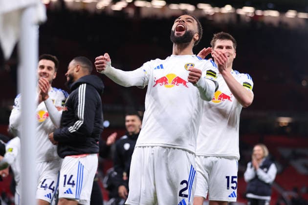 Football - Premier League - Manchester United, ManU v Leeds United 13th April 2026 - Premier League - Manchester United v Leeds United - Jayden Bogle of Leeds United celebrates victory after the match - Photo: Simon Stacpoole Offside. Manchester UK Copyright: xSimonxStacpoolexOffside