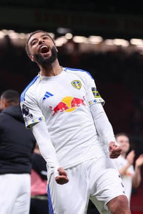 Football - Premier League - Manchester United, ManU v Leeds United 13th April 2026 - Premier League - Manchester United v Leeds United - Jayden Bogle of Leeds United celebrates victory after the match - Photo: Simon Stacpoole Offside. Manchester UK Copyright: xSimonxStacpoolexOffside
