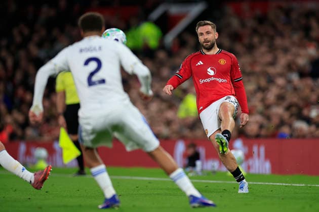 Manchester United, ManU v Leeds United, Premier League Luke Shaw (23) of Manchester United passes the ball during the Premier League match between Manchester United and Leeds United at Old Trafford, Manchester, UK on 13 April 2026. Manchester Old Trafford Greater Manchester UK Editorial use only DataCo restrictions apply See www.football-dataco.com , Copyright: xConorxMolloyx PSI-24063-0128