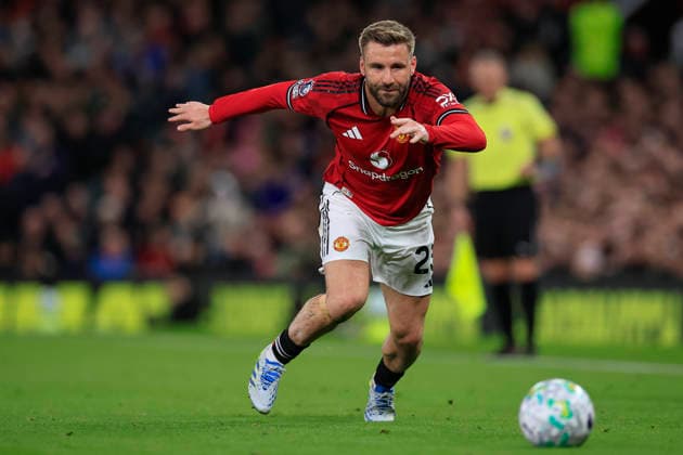 Manchester United, ManU v Leeds United, Premier League Luke Shaw (23) of Manchester United runs with the ball during the Premier League match between Manchester United and Leeds United at Old Trafford, Manchester, UK on 13 April 2026. Manchester Old Trafford Greater Manchester UK Editorial use only DataCo restrictions apply See www.football-dataco.com , Copyright: xConorxMolloyx PSI-24063-0131