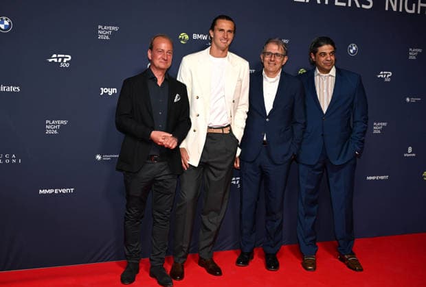 Christian Okon, General Manager mmp Event, Alexander Zwerev, Marco Giordani, CEO ProSiebenSat.1 Media SE, Bob Rajan, CFO ProSiebenSat.1 Media SE ,Players Night der BMW Open by Bitpanda 2026, Muenchen, 13. April 2026