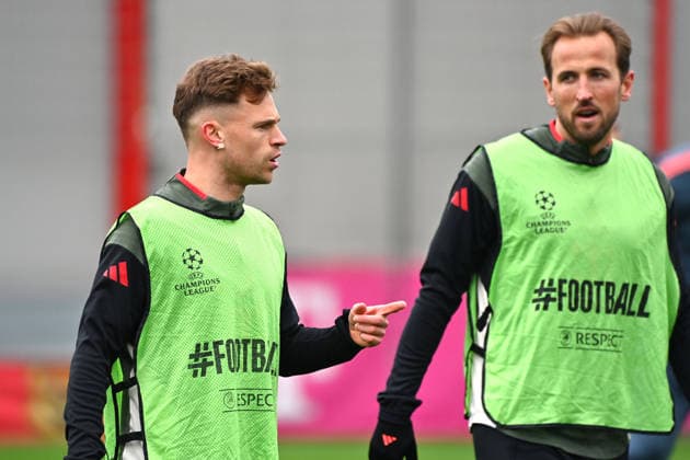 v.li:Joshua KIMMICH (Bayern Muenchen), Harry KANE (Bayern Muenchen). Abschlusstraining am 14.04.2026 Fussball Champions League,Saison 2025 26, Viertelfinale FC Bayern-Muenchen -Real Madrid am 15.04.2026 A L L I A N Z A R E N A. Â