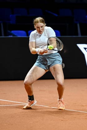 Ella Seidel (Germany) controls the Ball against Elise Mertens (Belgium) during day two of the Porsche Tennis Grand Prix 2026 at Porsche Arena on April 14, 2026 in Stuttgart, Germany. (Photo by Harry Langer DeFodi Images) -