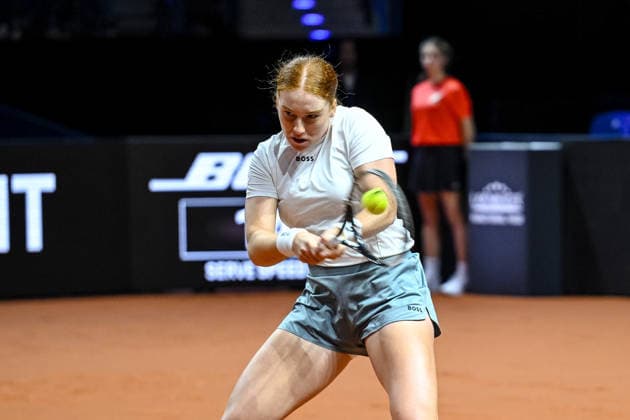 Ella Seidel (Germany) controls the Ball against Elise Mertens (Belgium) during day two of the Porsche Tennis Grand Prix 2026 at Porsche Arena on April 14, 2026 in Stuttgart, Germany. (Photo by Harry Langer DeFodi Images) -
