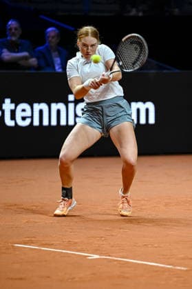 Ella Seidel (Germany) controls the Ball against Elise Mertens (Belgium) during day two of the Porsche Tennis Grand Prix 2026 at Porsche Arena on April 14, 2026 in Stuttgart, Germany. (Photo by Harry Langer DeFodi Images) -