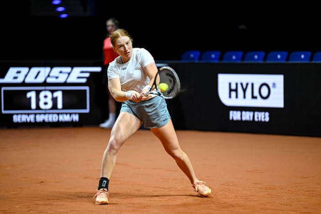 Ella Seidel (Germany) controls the Ball against Elise Mertens (Belgium) during day two of the Porsche Tennis Grand Prix 2026 at Porsche Arena on April 14, 2026 in Stuttgart, Germany. (Photo by Harry Langer DeFodi Images) -