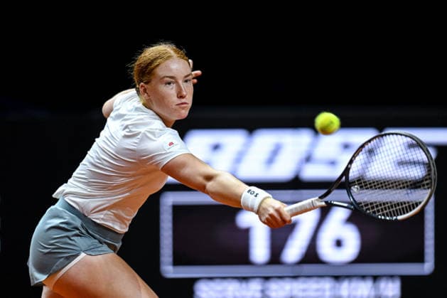 Ella Seidel (Germany) controls the Ball against Elise Mertens (Belgium) during day two of the Porsche Tennis Grand Prix 2026 at Porsche Arena on April 14, 2026 in Stuttgart, Germany. (Photo by Harry Langer DeFodi Images) -