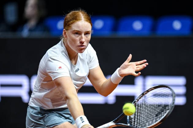 Ella Seidel (Germany) controls the Ball against Elise Mertens (Belgium) during day two of the Porsche Tennis Grand Prix 2026 at Porsche Arena on April 14, 2026 in Stuttgart, Germany. (Photo by Harry Langer DeFodi Images) -