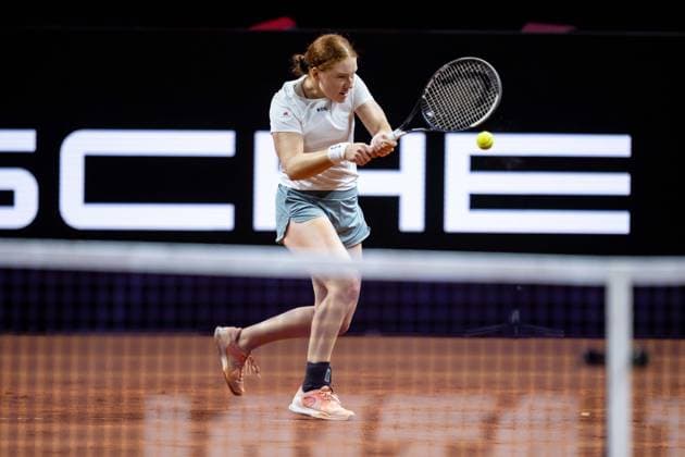Ella Seidel (Germany) controls the Ball against Elise Mertens (Belgium) during day two of the Porsche Tennis Grand Prix 2026 at Porsche Arena on April 14, 2026 in Stuttgart, Germany. (Photo by Harry Langer DeFodi Images) -