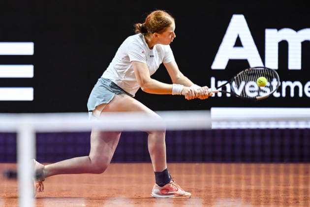 Ella Seidel (Germany) controls the Ball against Elise Mertens (Belgium) during day two of the Porsche Tennis Grand Prix 2026 at Porsche Arena on April 14, 2026 in Stuttgart, Germany. (Photo by Harry Langer DeFodi Images) -