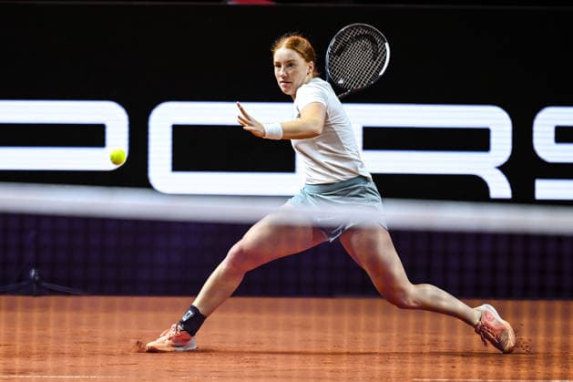 Ella Seidel (Germany) controls the Ball against Elise Mertens (Belgium) during day two of the Porsche Tennis Grand Prix 2026 at Porsche Arena on April 14, 2026 in Stuttgart, Germany. (Photo by Harry Langer DeFodi Images) -