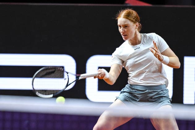 Ella Seidel (Germany) controls the Ball against Elise Mertens (Belgium) during day two of the Porsche Tennis Grand Prix 2026 at Porsche Arena on April 14, 2026 in Stuttgart, Germany. (Photo by Harry Langer DeFodi Images) -