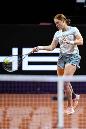 Ella Seidel (Germany) controls the Ball against Elise Mertens (Belgium) during day two of the Porsche Tennis Grand Prix 2026 at Porsche Arena on April 14, 2026 in Stuttgart, Germany. (Photo by Harry Langer DeFodi Images) -