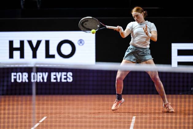 Ella Seidel (Germany) controls the Ball against Elise Mertens (Belgium) during day two of the Porsche Tennis Grand Prix 2026 at Porsche Arena on April 14, 2026 in Stuttgart, Germany. (Photo by Harry Langer DeFodi Images) -