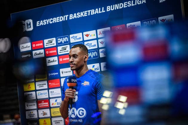 easycredit BBL Basketball Bundesliga 2025 2026 Nachholspiel 23. Spieltag 14.04.2026 Science City Jena vs Basketball Löwen Braunschweig Chris Carter (Jena) im Interview bei DYN Sparkassen Arena