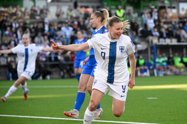 Katariina Kosola of Finland celebrates after scoring the opening goal during the UEFA Women s football World Cup League B Group B3 qualification match between Finland and Slovakia in Helsinki, Finland on April 14, 2026. - MARKKU ULANDER Helsinki Finland 2sSqnsc19ag  Copyright: xMarkkuxUlanderx 2sSqnsc19ag