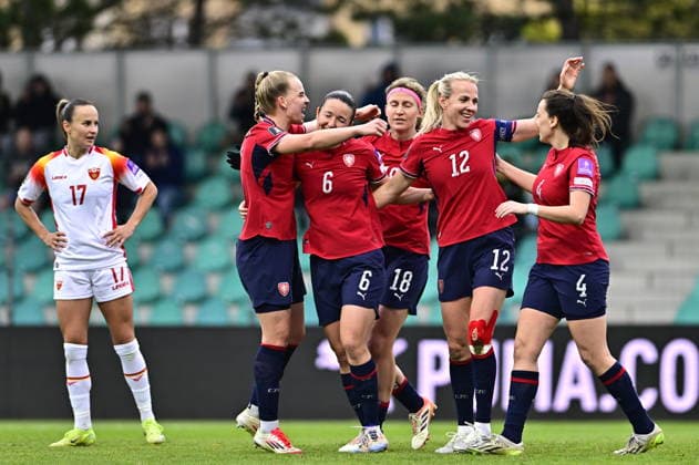 Czech players celebrate a goal during the European qualifying part for 2027 Women s Football World Cup match, group B1: Czechia vs Montenegro, in Chomutov, Czech Republic, on April 14, 2026. (CTKxPhoto OndrejxHajek) CTKPhotoP2026041407519  CTKPhotoP2026041407519