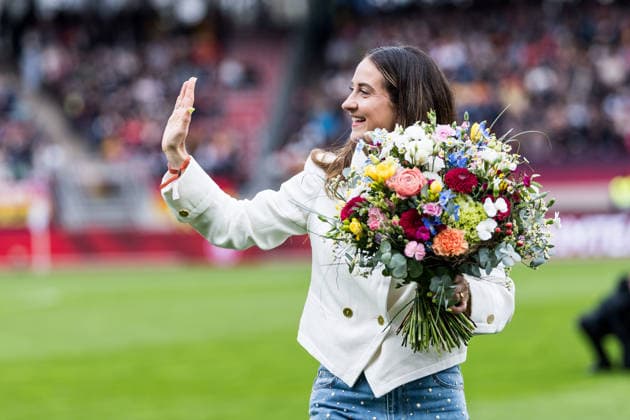 NUREMBERG, GERMANY - APRIL 14: Sara Daebritz (former German player) waving during the FIFA Women™s World Cup 2027 UEFA Qualifiers match between Germany vs. Austria at Frankenstadion Max-Morlock-Stadion on April 14, 2026 in Nuremberg, Germany. Bavaria Germany Copyright: xSteffiexWunderlx