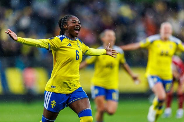 260414 Monica Jusu Bah of Sweden celebrates after scoring 1-0 during the FIFA Women s World Cup Qualifier football match between Sweden and Denmark on April 14, 2026 in Gothenburg. Photo: Michael Erichsen BILDBYRAN COP 89 CS0928 fotboll football soccer fotball vm-kval kval fifa womens world cup qualifier qualifier sverige sweden danmark denmark dam bbeng women kvinner jubel Copyright: MICHAELxERICHSEN BB260414MI013